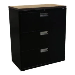 HON Used 3 Drawer 36 In Lateral File W Maple Laminate Top, Black