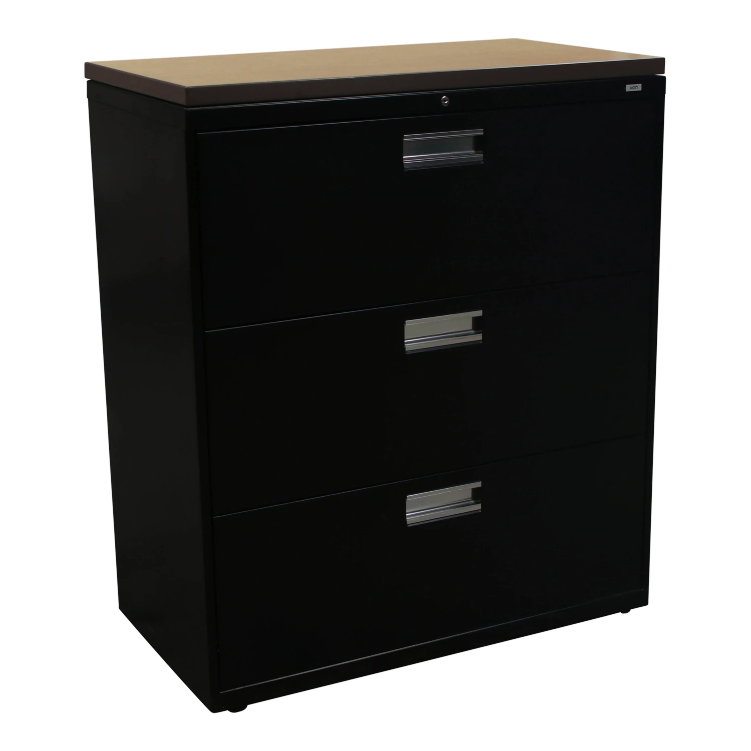 HON Used 3 Drawer 36 In Lateral File W Maple Laminate Top, Black 1 HON Used 3 Drawer 36 In Lateral File W Maple Laminate Top, Black