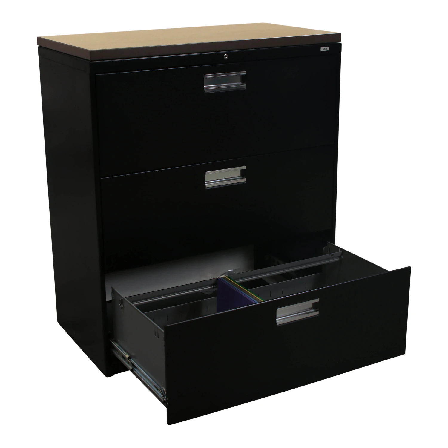 HON Used 3 Drawer 36 In Lateral File W Maple Laminate Top, Black 2 HON Used 3 Drawer 36 In Lateral File W Maple Laminate Top, Black - Image 2